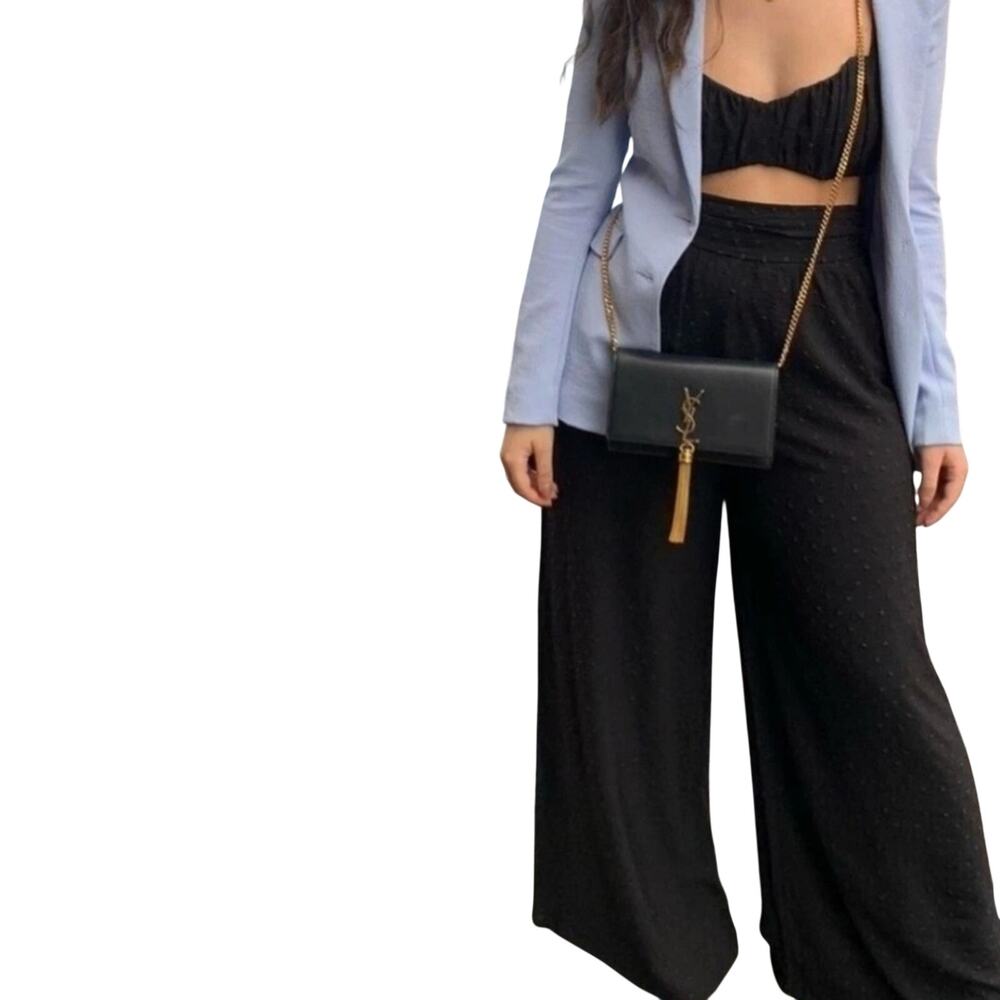 Rumer The Label Delilah Black Textured Wide Leg Palazzo Pant Small NWT High Rise